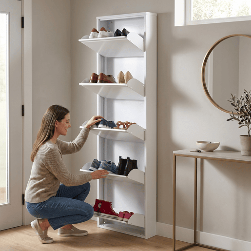 Well Home Sapateira DUNNE Ultrafina em Aço Branco, 5 Compartimentos para 10 Pares de Sapatos, 50x13,5x169 cm, Ideal para Corredores e Espaços Reduzidos Well Home Sapateira DUNNE Ultrafina em Aço Branco, 5 Compartimentos para 10 Pares de Sapatos, 50x13,5x169 cm, Ideal para Corredores e Espaços Reduzidos
