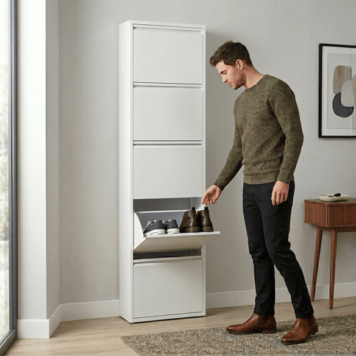 Well Home Sapateira DUNNE Ultrafina em Aço Branco, 5 Compartimentos para 10 Pares de Sapatos, 50x13,5x169 cm, Ideal para Corredores e Espaços Reduzidos Well Home Sapateira DUNNE Ultrafina em Aço Branco, 5 Compartimentos para 10 Pares de Sapatos, 50x13,5x169 cm, Ideal para Corredores e Espaços Reduzidos