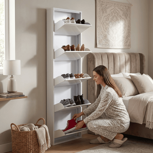 Well Home Sapateira DUNNE Ultrafina em Aço Branco, 5 Compartimentos para 10 Pares de Sapatos, 50x13,5x169 cm, Ideal para Corredores e Espaços Reduzidos Well Home Sapateira DUNNE Ultrafina em Aço Branco, 5 Compartimentos para 10 Pares de Sapatos, 50x13,5x169 cm, Ideal para Corredores e Espaços Reduzidos