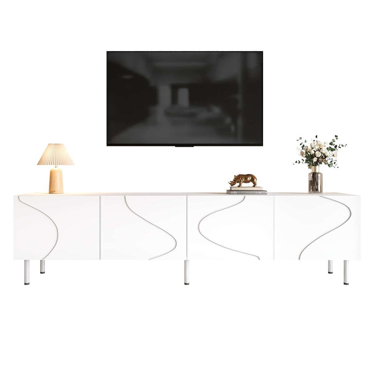 mueble tv lowboard 180 cm - lineas curvas tridimensionales 4 puertas push-to-open pb y mdf patas metalicas - blanco