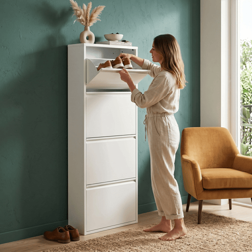 Well Home Sapateira DUNNE Ultrafina em Aço Branco, 4 Compartimentos para 8 Pares de Sapatos, 50x13,5x136,5 cm, Ideal para Corredores e Espaços Reduzidos Well Home Sapateira DUNNE Ultrafina em Aço Branco, 4 Compartimentos para 8 Pares de Sapatos, 50x13,5x136,5 cm, Ideal para Corredores e Espaços Reduzidos