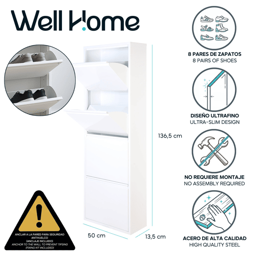 Well Home Sapateira DUNNE Ultrafina em Aço Branco, 4 Compartimentos para 8 Pares de Sapatos, 50x13,5x136,5 cm, Ideal para Corredores e Espaços Reduzidos Well Home Sapateira DUNNE Ultrafina em Aço Branco, 4 Compartimentos para 8 Pares de Sapatos, 50x13,5x136,5 cm, Ideal para Corredores e Espaços Reduzidos