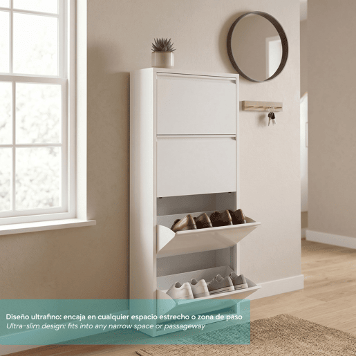 Well Home Sapateira DUNNE Ultrafina em Aço Branco, 4 Compartimentos para 8 Pares de Sapatos, 50x13,5x136,5 cm, Ideal para Corredores e Espaços Reduzidos Well Home Sapateira DUNNE Ultrafina em Aço Branco, 4 Compartimentos para 8 Pares de Sapatos, 50x13,5x136,5 cm, Ideal para Corredores e Espaços Reduzidos