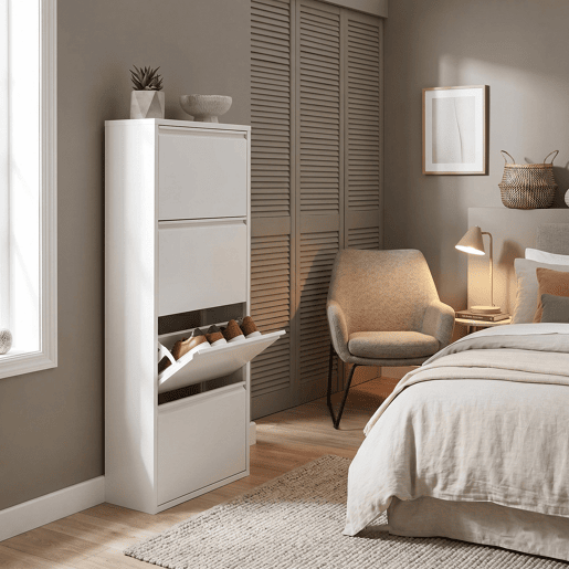 Well Home Sapateira DUNNE Ultrafina em Aço Branco, 4 Compartimentos para 8 Pares de Sapatos, 50x13,5x136,5 cm, Ideal para Corredores e Espaços Reduzidos Well Home Sapateira DUNNE Ultrafina em Aço Branco, 4 Compartimentos para 8 Pares de Sapatos, 50x13,5x136,5 cm, Ideal para Corredores e Espaços Reduzidos