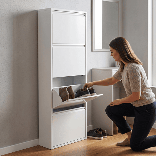 Well Home Sapateira DUNNE Ultrafina em Aço Branco, 4 Compartimentos para 8 Pares de Sapatos, 50x13,5x136,5 cm, Ideal para Corredores e Espaços Reduzidos Well Home Sapateira DUNNE Ultrafina em Aço Branco, 4 Compartimentos para 8 Pares de Sapatos, 50x13,5x136,5 cm, Ideal para Corredores e Espaços Reduzidos