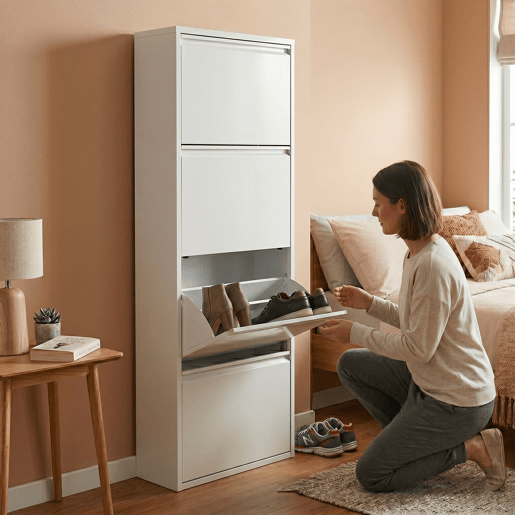 Well Home Sapateira DUNNE Ultrafina em Aço Branco, 4 Compartimentos para 8 Pares de Sapatos, 50x13,5x136,5 cm, Ideal para Corredores e Espaços Reduzidos Well Home Sapateira DUNNE Ultrafina em Aço Branco, 4 Compartimentos para 8 Pares de Sapatos, 50x13,5x136,5 cm, Ideal para Corredores e Espaços Reduzidos