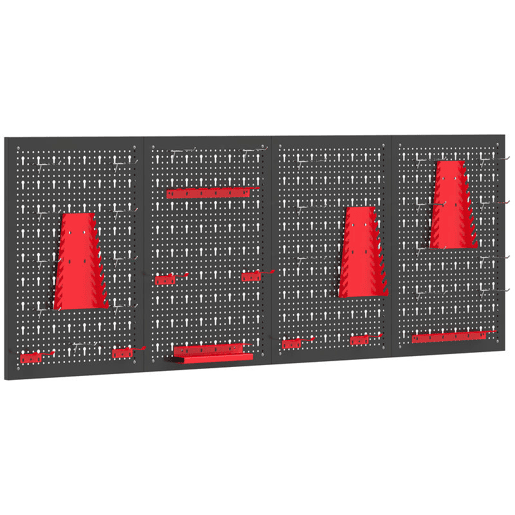 HOMCOM 4 Painéis de Ferramentas de Parede, 38 Peças, cada painel 60x40 cm, Organizador de Ferramentas de Parede com Ganchos e Suportes, para Garagens e Bricolage, Preto e Vermelho HOMCOM 4 Painéis de Ferramentas de Parede, 38 Peças, cada painel 60x40 cm, Organizador de Ferramentas de Parede com Ganchos e Suportes, para Garagens e Bricolage, Preto e Vermelho