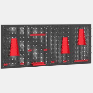 HOMCOM 4 Painéis de Ferramentas de Parede, 38 Peças, cada painel 60x40 cm, Organizador de Ferramentas de Parede com Ganchos e Suportes, para Garagens e Bricolage, Preto e Vermelho