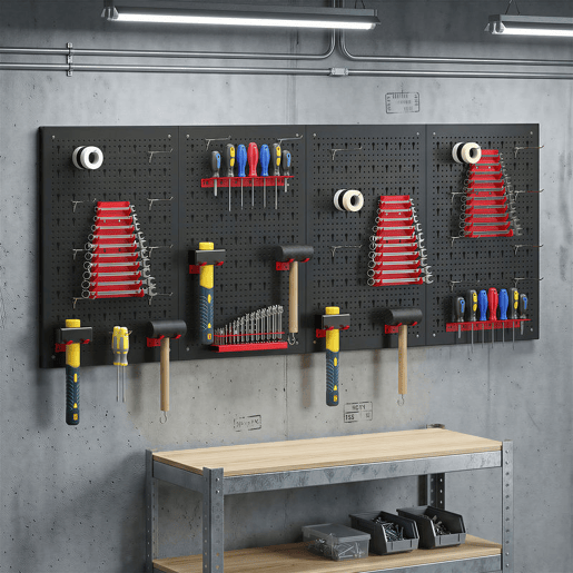 HOMCOM 4 Painéis de Ferramentas de Parede, 38 Peças, cada painel 60x40 cm, Organizador de Ferramentas de Parede com Ganchos e Suportes, para Garagens e Bricolage, Preto e Vermelho HOMCOM 4 Painéis de Ferramentas de Parede, 38 Peças, cada painel 60x40 cm, Organizador de Ferramentas de Parede com Ganchos e Suportes, para Garagens e Bricolage, Preto e Vermelho