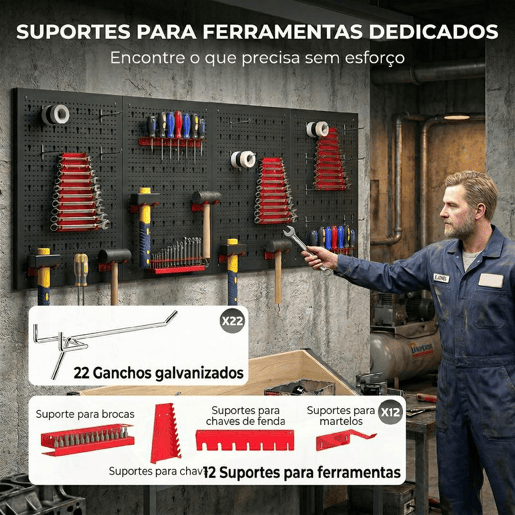 HOMCOM 4 Painéis de Ferramentas de Parede, 38 Peças, cada painel 60x40 cm, Organizador de Ferramentas de Parede com Ganchos e Suportes, para Garagens e Bricolage, Preto e Vermelho HOMCOM 4 Painéis de Ferramentas de Parede, 38 Peças, cada painel 60x40 cm, Organizador de Ferramentas de Parede com Ganchos e Suportes, para Garagens e Bricolage, Preto e Vermelho