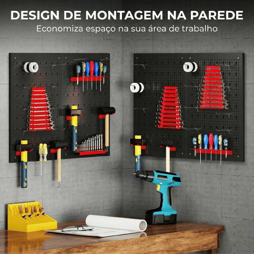 HOMCOM 4 Painéis de Ferramentas de Parede, 38 Peças, cada painel 60x40 cm, Organizador de Ferramentas de Parede com Ganchos e Suportes, para Garagens e Bricolage, Preto e Vermelho HOMCOM 4 Painéis de Ferramentas de Parede, 38 Peças, cada painel 60x40 cm, Organizador de Ferramentas de Parede com Ganchos e Suportes, para Garagens e Bricolage, Preto e Vermelho