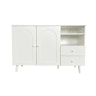 Aparador de 118 cm - portas curvas, 2 gavetas, 2 compartimentos abertos, puxadores e pés em madeira - Branco