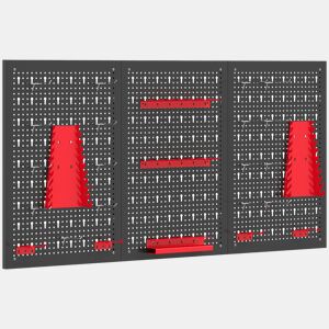 HOMCOM 3 Painéis de Ferramentas de Parede 28 Peças, cada painel 60x40 cm Organizador de Ferramentas de Parede com Ganchos e Suportes para Garagens e Bricolagem Preto e Vermelho