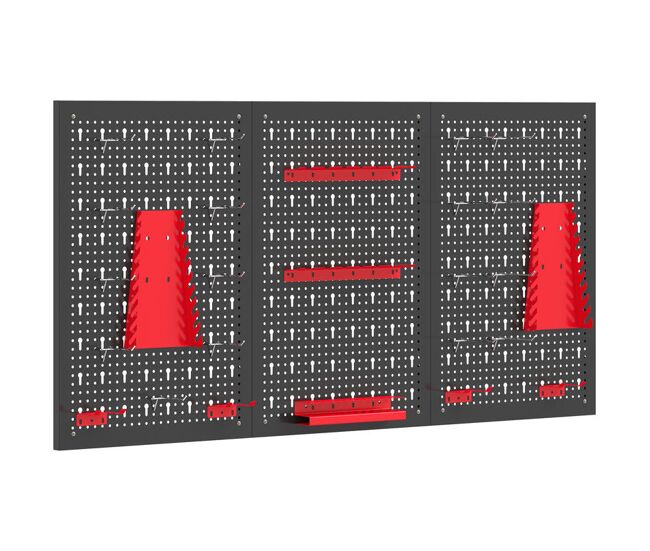 Homcom 3 paneles de herramientas de pared, 28 piezas, cada panel 60x40 cm, organizador de herramientas de pared con ganchos y estantes, para garajes y bricolaje, negro y rojo