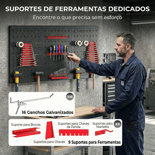 HOMCOM 3 Painéis de Ferramentas de Parede 28 Peças, cada painel 60x40 cm Organizador de Ferramentas de Parede com Ganchos e Suportes para Garagens e Bricolagem Preto e Vermelho HOMCOM 3 Painéis de Ferramentas de Parede 28 Peças, cada painel 60x40 cm Organizador de Ferramentas de Parede com Ganchos e Suportes para Garagens e Bricolagem Preto e Vermelho
