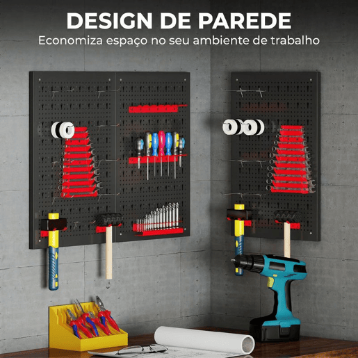 HOMCOM 3 Painéis de Ferramentas de Parede 28 Peças, cada painel 60x40 cm Organizador de Ferramentas de Parede com Ganchos e Suportes para Garagens e Bricolagem Preto e Vermelho HOMCOM 3 Painéis de Ferramentas de Parede 28 Peças, cada painel 60x40 cm Organizador de Ferramentas de Parede com Ganchos e Suportes para Garagens e Bricolagem Preto e Vermelho