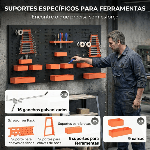 HOMCOM Organizador de Ferramentas de Parede de 33 Peças 120x60 cm, Painéis de Ferramentas de Parede com Ganchos, Contentores e Prateleiras, para Garagens, Preto e Laranja HOMCOM Organizador de Ferramentas de Parede de 33 Peças 120x60 cm, Painéis de Ferramentas de Parede com Ganchos, Contentores e Prateleiras, para Garagens, Preto e Laranja