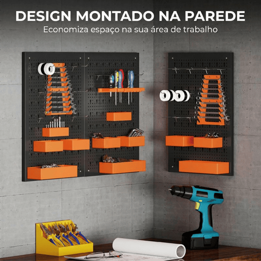 HOMCOM Organizador de Ferramentas de Parede de 33 Peças 120x60 cm, Painéis de Ferramentas de Parede com Ganchos, Contentores e Prateleiras, para Garagens, Preto e Laranja HOMCOM Organizador de Ferramentas de Parede de 33 Peças 120x60 cm, Painéis de Ferramentas de Parede com Ganchos, Contentores e Prateleiras, para Garagens, Preto e Laranja