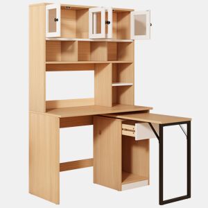 MEUBLES COSY Secretária Giratória com Estante Alta Mesa de Computador com Armário de Portas de AcrÃlico e Gaveta para Escritório 110x55x180cm Cor Branco e Natural