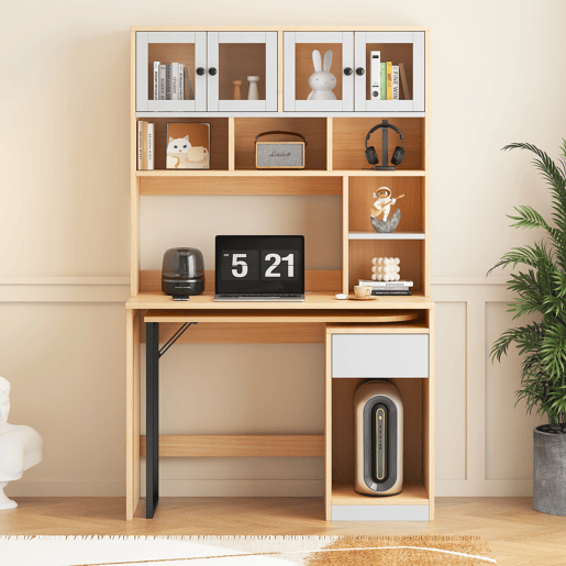 MEUBLES COSY Secretária Giratória com Estante Alta Mesa de Computador com Armário de Portas de Acrílico e Gaveta para Escritório 110x55x180cm Cor Branco e Natural
