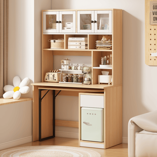 MEUBLES COSY Secretária Giratória com Estante Alta Mesa de Computador com Armário de Portas de Acrílico e Gaveta para Escritório 110x55x180cm Cor Branco e Natural