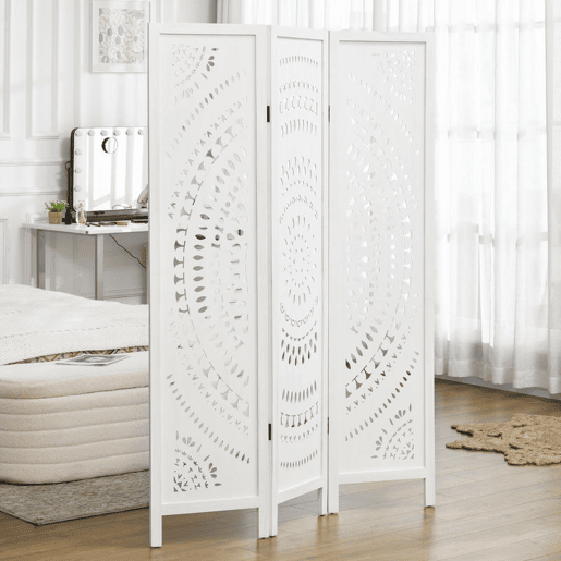 HOMCOM Biombo Dobrável de 3 Painéis de Madeira 120x170 cm Biombo Separador de Ambientes com Padrões Gravados Elegantes Decoração para Quarto Sala, Branco HOMCOM Biombo Dobrável de 3 Painéis de Madeira 120x170 cm Biombo Separador de Ambientes com Padrões Gravados Elegantes Decoração para Quarto Sala, Branco