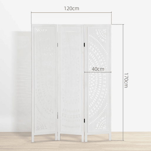 HOMCOM Biombo Dobrável de 3 Painéis de Madeira 120x170 cm Biombo Separador de Ambientes com Padrões Gravados Elegantes Decoração para Quarto Sala, Branco HOMCOM Biombo Dobrável de 3 Painéis de Madeira 120x170 cm Biombo Separador de Ambientes com Padrões Gravados Elegantes Decoração para Quarto Sala, Branco