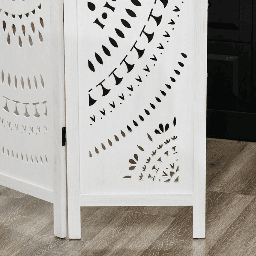 HOMCOM Biombo Dobrável de 3 Painéis de Madeira 120x170 cm Biombo Separador de Ambientes com Padrões Gravados Elegantes Decoração para Quarto Sala, Branco HOMCOM Biombo Dobrável de 3 Painéis de Madeira 120x170 cm Biombo Separador de Ambientes com Padrões Gravados Elegantes Decoração para Quarto Sala, Branco