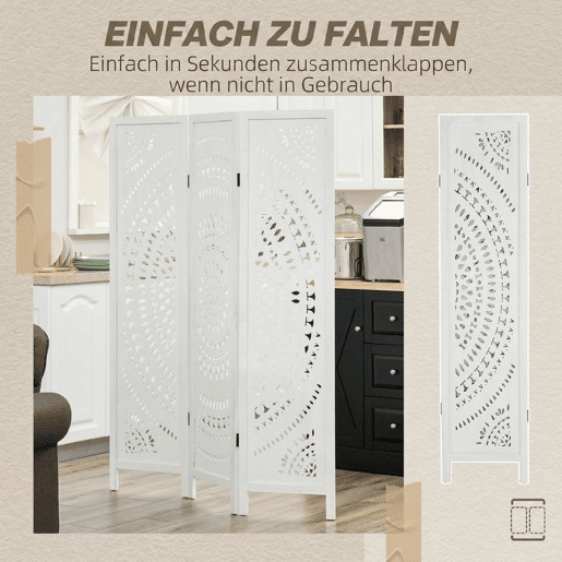 HOMCOM Biombo Dobrável de 3 Painéis de Madeira 120x170 cm Biombo Separador de Ambientes com Padrões Gravados Elegantes Decoração para Quarto Sala, Branco HOMCOM Biombo Dobrável de 3 Painéis de Madeira 120x170 cm Biombo Separador de Ambientes com Padrões Gravados Elegantes Decoração para Quarto Sala, Branco