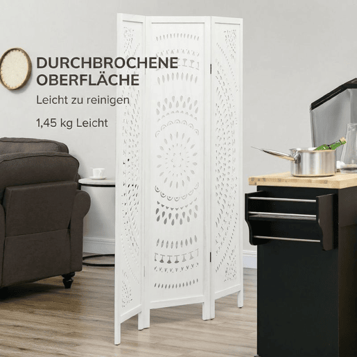 HOMCOM Biombo Dobrável de 3 Painéis de Madeira 120x170 cm Biombo Separador de Ambientes com Padrões Gravados Elegantes Decoração para Quarto Sala, Branco HOMCOM Biombo Dobrável de 3 Painéis de Madeira 120x170 cm Biombo Separador de Ambientes com Padrões Gravados Elegantes Decoração para Quarto Sala, Branco