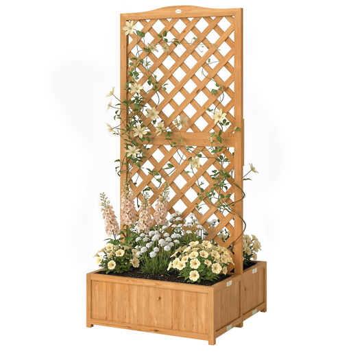 Treliça de madeira para plantas trepadeiras com 2 vasos dobráveis, base ripada, 73x70x170 cm, cor natural. Treliça de madeira para plantas trepadeiras com 2 vasos dobráveis, base ripada, 73x70x170 cm, cor natural.