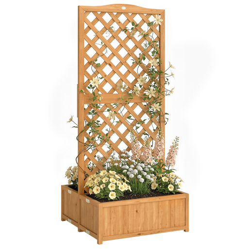 Treliça de madeira para plantas trepadeiras com 2 vasos dobráveis, base ripada, 73x70x170 cm, cor natural. Treliça de madeira para plantas trepadeiras com 2 vasos dobráveis, base ripada, 73x70x170 cm, cor natural.