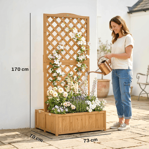 Treliça de madeira para plantas trepadeiras com 2 vasos dobráveis, base ripada, 73x70x170 cm, cor natural. Treliça de madeira para plantas trepadeiras com 2 vasos dobráveis, base ripada, 73x70x170 cm, cor natural.