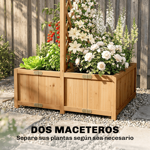 Treliça de madeira para plantas trepadeiras com 2 vasos dobráveis, base ripada, 73x70x170 cm, cor natural. Treliça de madeira para plantas trepadeiras com 2 vasos dobráveis, base ripada, 73x70x170 cm, cor natural.
