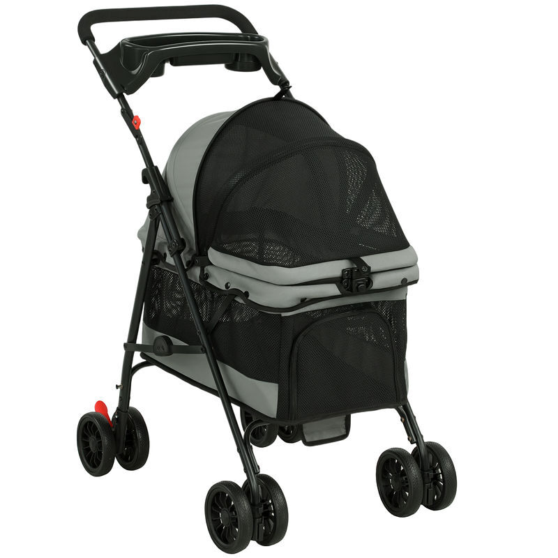 Pawhut cochecito para perros plegable, hasta 10 kg, carrito para perros pequeños y gatos de 4 ruedas de eva, giratorio y freno, ventanas de malla, cojín extraíble, bandeja y portavasos, ligero, gris