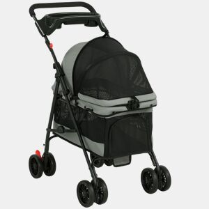 PawHut Carrinho Dobrável para Cães até 10 kg, Carrinho de 4 Rodas EVA para Cães Pequenos e Gatos, Rodas Giratórias e Travão, Janelas em Rede, Almofada Removível, Tabuleiro e Suporte para Copos, Leve, Cinzento
