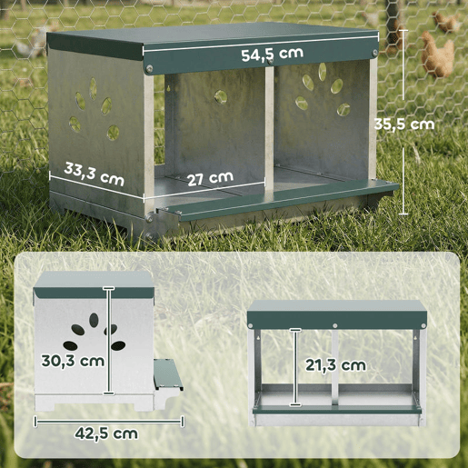 PawHut Ninho para Galinhas Poedeiras de Aço Galvanizado com 2 Compartimentos Ninho para 2 Galinhas com Teto Impermeável e Ventilação 54,5x42,5x35,5 cm Prata e Verde PawHut Ninho para Galinhas Poedeiras de Aço Galvanizado com 2 Compartimentos Ninho para 2 Galinhas com Teto Impermeável e Ventilação 54,5x42,5x35,5 cm Prata e Verde
