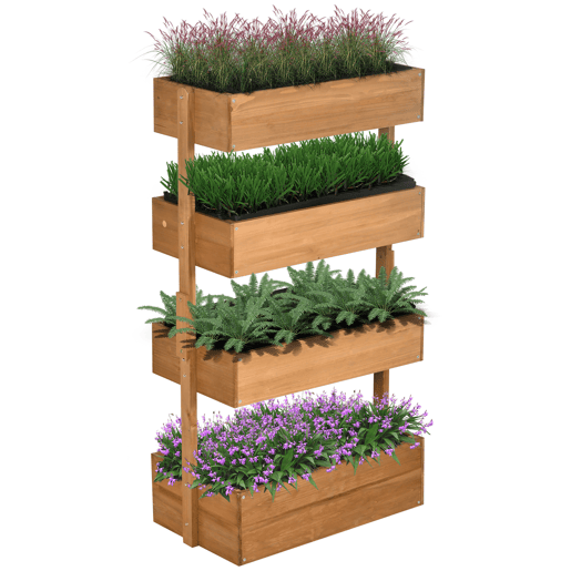 Jardineira de madeira de 4 níveis, jardineira elevada para exterior com orifícios de drenagem, 80x45x142 cm, laranja