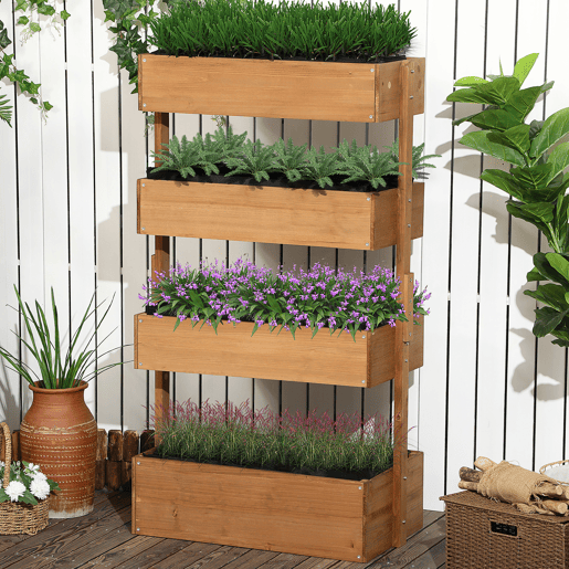 Jardineira de madeira de 4 níveis, jardineira elevada para exterior com orifícios de drenagem, 80x45x142 cm, laranja