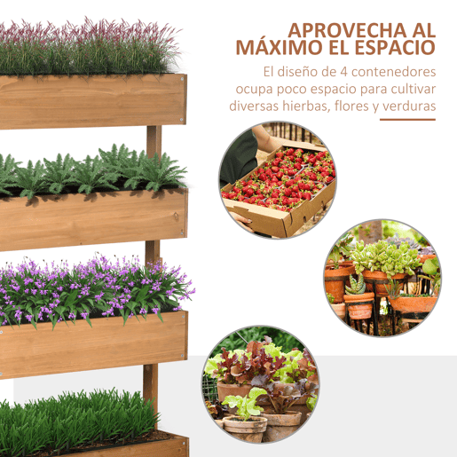 Jardineira de madeira de 4 níveis, jardineira elevada para exterior com orifícios de drenagem, 80x45x142 cm, laranja