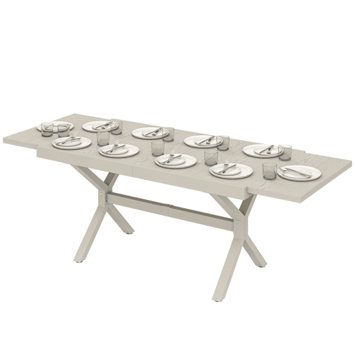 Mesa de jantar extensível para exterior, 154214 cm, para 8 a 10 pessoas, em alumínio e aço com tampo em imitação de madeira cinza. Mesa de jantar extensível para exterior, 154214 cm, para 8 a 10 pessoas, em alumínio e aço com tampo em imitação de madeira cinza.