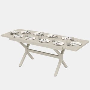 Mesa de jantar extensível para exterior, 154214 cm, para 8 a 10 pessoas, em alumínio e aço com tampo em imitação de madeira cinza.