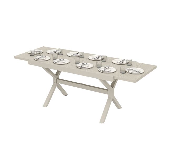 Mesa de comedor exterior extensible 154/214 cm para 8-10 personas de aluminio acero con tapa imitación madera gris