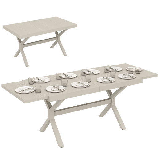 Mesa de jantar extensível para exterior, 154214 cm, para 8 a 10 pessoas, em alumínio e aço com tampo em imitação de madeira cinza. Mesa de jantar extensível para exterior, 154214 cm, para 8 a 10 pessoas, em alumínio e aço com tampo em imitação de madeira cinza.