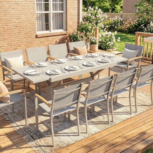 Mesa de jantar extensível para exterior, 154214 cm, para 8 a 10 pessoas, em alumínio e aço com tampo em imitação de madeira cinza. Mesa de jantar extensível para exterior, 154214 cm, para 8 a 10 pessoas, em alumínio e aço com tampo em imitação de madeira cinza.