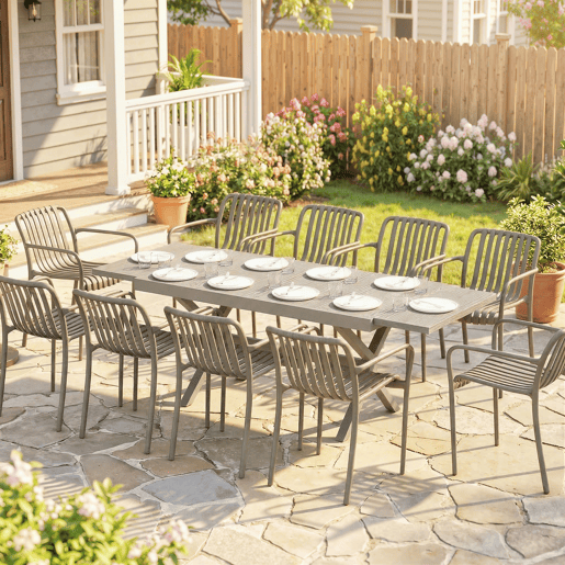 Mesa de jantar extensível para exterior, 154214 cm, para 8 a 10 pessoas, em alumínio e aço com tampo em imitação de madeira cinza. Mesa de jantar extensível para exterior, 154214 cm, para 8 a 10 pessoas, em alumínio e aço com tampo em imitação de madeira cinza.
