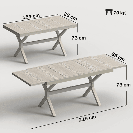 Mesa de jantar extensível para exterior, 154214 cm, para 8 a 10 pessoas, em alumínio e aço com tampo em imitação de madeira cinza. Mesa de jantar extensível para exterior, 154214 cm, para 8 a 10 pessoas, em alumínio e aço com tampo em imitação de madeira cinza.