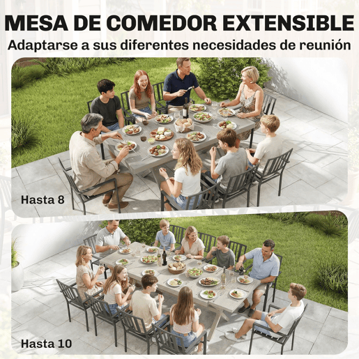 Mesa de jantar extensível para exterior, 154214 cm, para 8 a 10 pessoas, em alumínio e aço com tampo em imitação de madeira cinza. Mesa de jantar extensível para exterior, 154214 cm, para 8 a 10 pessoas, em alumínio e aço com tampo em imitação de madeira cinza.