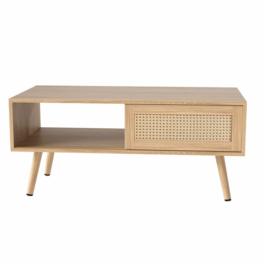 Mesa de centro em vime H40xL105xP55 cm - com portas de correr, pés em madeira maciça, estilo moderno - cor natural Mesa de centro em vime H40xL105xP55 cm - com portas de correr, pés em madeira maciça, estilo moderno - cor natural