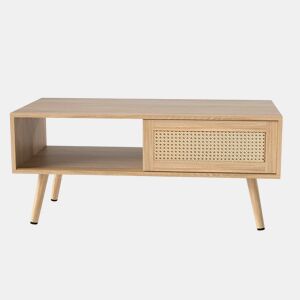 Mesa de centro em vime H40xL105xP55 cm - com portas de correr, pés em madeira maciça, estilo moderno - cor natural